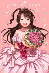 Rule 34 | 10s, 1girl, :d, ^ ^, bare shoulders, blush, bouquet, breasts, brown hair, cleavage, cowboy shot, dress, closed eyes, flower, happy tears, idolmaster, idolmaster cinderella girls, jewelry, long hair, medium breasts, necklace, one side up, open mouth, pearl necklace, pink dress, sakichi6891, shimamura uzuki, smile, solo, sparkle, tears, tiara