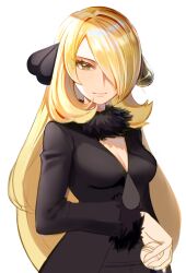 Rule 34 | 1girl, = (9 yawbus), black coat, blonde hair, breasts, brown eyes, cleavage, closed mouth, coat, commentary request, creatures (company), cynthia (pokemon), fur-trimmed coat, fur-trimmed sleeves, fur collar, fur trim, game freak, hair ornament, hair over one eye, highres, holding, holding poke ball, long hair, long sleeves, looking at viewer, medium breasts, nintendo, one eye covered, poke ball, pokemon, pokemon dppt, simple background, smile, solo, v-neck, very long hair, white background