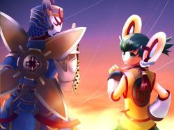 Rule 34 | 10s, armor, bad id, bad pixiv id, chinese clothes, detached sleeves, dragon kid, green eyes, green hair, hat, helmet, huang baoling, hypoxis, ivan karelin, origami cyclone, pointing, short hair, shorts, shuriken, sunset, superhero costume, tiger &amp; bunny, weapon
