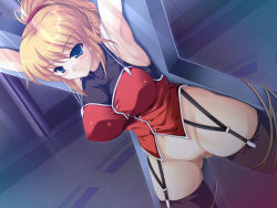 Rule 34 | 1girl, armpits, banpresto, bdsm, blonde hair, bondage, bottomless, bound, breasts, censored, crucifixion, dutch angle, excellen browning, garter belt, garter straps, green eyes, high ponytail, indoors, large breasts, mosaic censoring, rope, saint andrew&#039;s cross, solo, super robot wars, team-tanabe, thighhighs, x frame