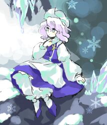 Rule 34 | 1girl, absurdres, apron, blue footwear, blue skirt, blue vest, bright pupils, closed mouth, commentary request, hat, highres, icicle, kaigen 1025, lapel pin, letty whiterock, long sleeves, medium hair, multicolored eyes, pale skin, purple hair, shirt, skirt, snowflakes, socks, solo, touhou, vest, waist apron, wavy hair, white apron, white hat, white pupils, white shirt, white socks