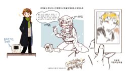 Rule 34 | 3boys, atou haruki, bamtoast, black coat, black pants, braid, bright pupils, brown hair, closed eyes, closed mouth, coat, commentary request, green scarf, grey sweater, hand in pocket, hand on glass, harada minoru, highres, isoi reiji, kneeling, korean commentary, korean text, long sleeves, male focus, motion blur, multiple boys, notice lines, open clothes, open coat, open mouth, pants, parted lips, polaroid, red eyes, ribbed sweater, saibou shinkyoku, scar, scar on face, scar on forehead, scarf, side braid, smile, sweat, sweater, translation request, white pupils