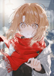 1girl black_sweater blurry breath character_request check_character coat depth_of_field grey_coat jewelry kazutake_hazano long_sleeves looking_at_viewer medium_hair necklace orange_eyes orange_hair original outdoors parted_lips reaching reaching_towards_viewer red_scarf scarf solo sweater upper_body wide-eyed