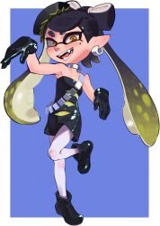 Rule 34 | 1girl, black dress, black gloves, black hair, blonde hair, boots, breasts, brown eyes, callie (splatoon), chi-iz, collar, commentary, dress, earrings, fangs, full body, gloves, gradient hair, grey pantyhose, hat, highres, inkling, jewelry, mole, mole under eye, multicolored hair, nintendo, open mouth, pantyhose, pointy ears, small breasts, smile, solo, splatoon (series), splatoon 1, standing, standing on one leg, strapless, strapless dress, tentacle hair, thick eyebrows, tube dress