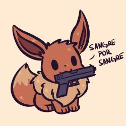 Rule 34 | :3, advos, animal focus, commentary, creatures (company), eevee, english commentary, full body, game freak, gen 1 pokemon, glock, gun, handgun, highres, mouth hold, nintendo, no humans, pokemon, pokemon (creature), simple background, solid oval eyes, spanish text, tan background, weapon, weapon request