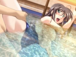 Rule 34 | 1boy, 1girl, binetsu kyoushi cherry, bottomless, breasts, breasts out, brown hair, game cg, happy sex, hase chieri, hetero, koikawa kouta, large breasts, long hair, nipples, no bra, nude, partially submerged, penis, pool, public indecency, pussy, sex, sweat, swimsuit, teacher and student, thigh grab, uncensored, underwater sex, vaginal, wet, yamane masahiro, zyx