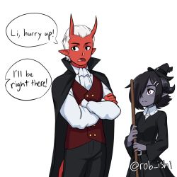 Rule 34 | 1boy, 1girl, absurdres, belt, black belt, black cape, black eyes, black hair, black headwear, black pants, black skin, blouse, breasts, broom, cape, closed mouth, collared shirt, colored skin, commentary, crossed arms, demon boy, demon horns, demon tail, dragon horns, dress shirt, english text, frown, grey hair, hair ornament, hair over one eye, hairclip, hat, highres, holding, holding broom, horns, long sleeves, looking at viewer, mini hat, nelu (rob ishi), oni horns, open mouth, original, pants, pointy ears, rae (rob ishi), red vest, ribbon, rob ishi, shirt, short hair, simple background, small breasts, speech bubble, tail, vampire costume, vest, white background, white shirt, wing collar, witch
