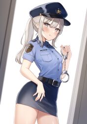 Rule 34 | 1girl, :q, absurdres, belt, black belt, blonde hair, blue hat, blue shirt, blue skirt, blush, breasts, buckle, commentary request, commission, cowboy shot, cuffs, dutch angle, grey eyes, handcuffs, hat, highres, holding, holding handcuffs, long hair, looking at viewer, medium breasts, miniskirt, okiq, original, peaked cap, pencil skirt, pocket, police, police hat, police uniform, policewoman, ponytail, shirt, shirt tucked in, short sleeves, simple background, skeb commission, skirt, smile, solo, thighs, tongue, tongue out, uniform