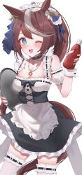 Rule 34 | 1girl, absurdres, alternate costume, animal ears, blue eyes, blush, breasts, brown hair, collarbone, enmaided, hair between eyes, hair ornament, highres, holding, horse ears, horse girl, horse tail, jewelry, ketchup, long hair, looking at viewer, maid, maid headdress, necklace, one eye closed, ponytail, simple background, small breasts, smile, solo, tail, thighhighs, tokai teio (umamusume), tray, umamusume, white background, yokawa nagi