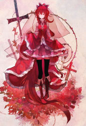 Rule 34 | 10s, 1girl, bare shoulders, black thighhighs, boots, bow, clothes lift, cross, detached sleeves, dress, dress lift, elbow gloves, gloves, hair bow, highres, knee boots, long hair, magical girl, mahou shoujo madoka magica, mahou shoujo madoka magica (anime), one eye closed, ponytail, red eyes, red hair, sakura kyoko, skirt hold, smile, solo, standing, susu, thighhighs, very long hair, wink, zettai ryouiki