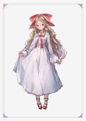 Rule 34 | 1girl, blonde hair, blush, border, closed mouth, commentary request, detached collar, dress, forehead, frills, full body, hair ribbon, highres, kobutakurassyu, long hair, long sleeves, looking at viewer, mary janes, original, pointy ears, purple eyes, red ribbon, ribbon, shoes, sidelocks, simple background, skirt hold, sleeves past wrists, smile, socks, solo, standing, very long hair, wavy hair, white background, white dress, white socks