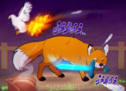 Rule 34 | animal, animification, bengt (fox) (pewdiepie), bird, burning, chicken, chicken (food), deviantart username, feathers, fence, food, fox, glowing, glowing sword, glowing weapon, holding, holding sword, holding weapon, milk-addicc, minecraft, mouth hold, pewdiepie, smell, sound effects, sword, weapon, weapon in mouth