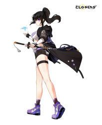 Rule 34 | 1girl, bai winchester, bandaged leg, bandages, bare legs, belt, black hair, black jacket, black shorts, black socks, breasts, closers, crop top, elbow gloves, fingerless gloves, gloves, heterochromia, high ponytail, highres, holding, holding sword, holding weapon, hood, hood down, hooded jacket, ice, jacket, katana, large breasts, long hair, looking at viewer, magic, midriff, non-web source, official art, open clothes, open jacket, pink eyes, ponytail, purple eyes, sheath, sheathed, shirt, shoes, short shorts, shorts, sidelocks, sneakers, socks, solo, standing, sword, tassel, thigh strap, thighs, turtleneck, weapon, white gloves, white shirt
