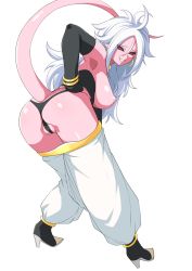 Rule 34 | 1girl, android 21, ass, black panties, black sclera, bracelet, breasts, breasts out, cameltoe, colored sclera, colored skin, detached sleeves, dragon ball, dragon ball fighterz, earrings, from behind, grin, harem pants, haruhisky, high heels, highres, hoop earrings, jewelry, large breasts, long hair, looking at viewer, looking back, majin android 21, nipples, panties, pants, pink skin, pointy ears, red eyes, shiny skin, simple background, smile, solo, standing, tail, teeth, thong, underwear, white background