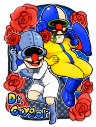 Rule 34 | 1boy, 2boys, bald, boots, character name, commentary request, cyborg, dr. crygor, dual persona, facial hair, flower, gloves, highres, hoshi (star-name2000), jetpack, looking at another, male focus, mouth hold, multiple boys, mustache, nintendo, open mouth, rose, skin tight, smile, warioware