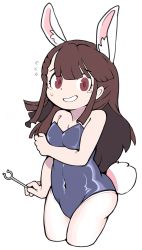 Rule 34 | 1girl, @ @, absurdres, animal costume, animal ear fluff, animal ears, ass, bare shoulders, blue leotard, breasts, brown eyes, brown hair, chinese commentary, cleavage, commentary request, covered navel, cowboy shot, fake animal ears, flying sweatdrops, highres, kagari atsuko, leotard, little witch academia, long hair, loose clothes, menthako, midriff, open mouth, pantyhose, playboy bunny, rabbit ears, rabbit tail, shiny clothes, simple background, small breasts, smile, solo, strapless, strapless leotard, tail, tears, thighs, wand, white background, white pantyhose