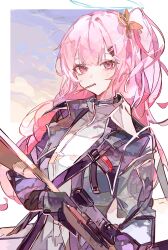 Rule 34 | 1girl, absurdres, ambriel (arknights), arknights, black gloves, black jacket, breasts, cocoballking, commission, food, gloves, gun, hair ornament, hairclip, halo, highres, holding, holding gun, holding weapon, jacket, long hair, long sleeves, medium breasts, mouth hold, one side up, open clothes, open jacket, pink hair, pixiv commission, pocky, purple eyes, shirt, solo, very long hair, weapon