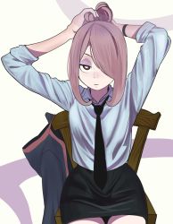 Rule 34 | 1girl, absurdres, adjusting hair, armband, black necktie, black skirt, chair, collar, commentary, eyeshadow, hair over one eye, highres, little witch academia, looking at viewer, makeup, necktie, pale skin, pingi (pingioo), pink hair, red eyes, shirt, simple background, sitting, skirt, solo, sucy manbavaran