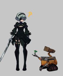 Rule 34 | 1girl, ?, absurdres, black blindfold, black dress, black hairband, black thighhighs, blindfold, clothing cutout, covered eyes, dress, grey background, hairband, highres, holding, holding sword, holding weapon, juliet sleeves, long sleeves, mole, mole under mouth, nier (series), nier:automata, plant, puffy sleeves, rising (risingacetrainer), robot, simple background, standing, sword, thighhighs, wall-e, wall-e (character), weapon, wide shot, 2b (nier:automata)