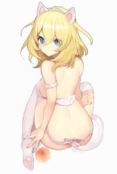 Rule 34 | 1girl, animal ears, arm scrunchie, ass, back, bare shoulders, blonde hair, blue eyes, blush, bra, breasts, cat ears, cat tail, eyes visible through hair, fake animal ears, fake tail, frilled panties, frills, from behind, girls und panzer, hair between eyes, looking at viewer, looking back, medium hair, open mouth, oshida (girls und panzer), panties, paw print, paw print soles, print thighhighs, shoulder blades, simple background, sitting, solo, tail, tan (inka), thighhighs, underwear, white bra, white panties, white thighhighs