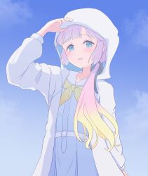 Rule 34 | 1girl, adjusting hood, anyoji hime, arm at side, arm up, black ribbon, blonde hair, blue dress, blue eyes, blue sky, blunt bangs, commentary, dress, gradient hair, hair ribbon, hasu no sora school uniform, highres, hood, hood up, hooded jacket, jacket, junnatsu, link! like! love live!, long hair, long sleeves, looking at viewer, love live!, multi-tied hair, multicolored hair, neckerchief, open clothes, open jacket, open mouth, pink hair, pleated dress, ponytail, ribbon, sailor collar, sailor dress, school uniform, sidelocks, sky, solo, summer uniform, swept bangs, virtual youtuber, white jacket, white sailor collar, yellow neckerchief