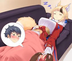 Rule 34 | 1boy, 1girl, absurdres, animal ears, blonde hair, blue hair, blush, commission, commissioner upload, couch, closed eyes, fire emblem, fire emblem fates, fox ears, fox girl, fox tail, gloves, highres, igni tion, japanese clothes, kiragi (fire emblem), measuring, nintendo, partially fingerless gloves, second-party source, selkie (fire emblem), sleeping, tail, zzz