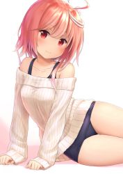 Rule 34 | 1girl, ahoge, bare shoulders, blush, breasts, closed mouth, collarbone, flower, hair between eyes, hair flower, hair ornament, head tilt, highres, i-58 (kancolle), kantai collection, looking at viewer, off-shoulder, off-shoulder sweater, off shoulder, one-piece swimsuit, orange hair, red eyes, ribbed sweater, school swimsuit, short hair, simple background, sitting, small breasts, smile, solo, sweater, swimsuit, swimsuit under clothes, wamu (chartreuse), white background