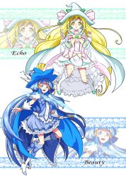 Rule 34 | 2girls, :d, absurdres, adapted costume, alternate costume, aoki reika, blonde hair, blue cape, blue dress, blue eyes, blue hair, blue skirt, boots, cape, character name, commentary request, cure beauty, cure echo, detached sleeves, dress, earrings, eyelashes, hair ornament, hairclip, happy, hat, high heel boots, high heels, highres, jewelry, knee boots, large hat, long hair, looking at viewer, magical girl, mahou girls precure!, matatabi (karukan222), multiple girls, open mouth, precure, precure all stars, sakagami ayumi, skirt, smile, smile precure!, standing, twintails, very long hair, wand, white cape, white dress, witch, witch hat, wrist cuffs, yellow eyes