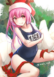 Rule 34 | 1girl, absurdres, antlers, bare arms, bare shoulders, black one-piece swimsuit, blush, christmas, closed mouth, hair between eyes, hat, highres, horns, i-168 (kancolle), kantai collection, long hair, mmk, name tag, one-piece swimsuit, pink eyes, pink hair, pom pom (clothes), ponytail, red hat, reindeer antlers, santa hat, school swimsuit, smile, solo, swimsuit, tongue, tongue out, twitter username