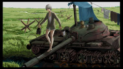 Rule 34 | 1girl, bedroll, bucket, cardigan, commentary request, czech hedgehog, field, grass, helmet, highres, holding, jittsu, laundry, military, military vehicle, motor vehicle, no pants, original, outdoors, portable stove, shirt, shoes, t-62, t-shirt, tank, unworn headwear, unworn helmet, unworn shoes, vehicle request, white hair