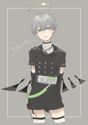 Rule 34 | 1boy, absurdres, arene (arknights), arknights, arms behind back, black gloves, black jacket, black shorts, closed mouth, cropped legs, elbow gloves, gloves, green eyes, grey background, grey hair, hair between eyes, halo, head tilt, highres, jacket, kaprice, male focus, shirt, short shorts, short sleeves, shorts, smile, solo, twitter username, white shirt