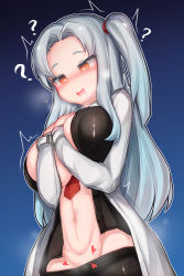 Rule 34 | 1girl, ?, angela (project moon), blue hair, breast press, breasts, clothes pull, groin, hands on own chest, heart, heart-shaped pupils, highres, huge breasts, jacket, lab coat, large breasts, light blue hair, lobotomy corporation, long hair, naughty face, navel, necktie, open clothes, open jacket, orange eyes, pants, pants pull, project moon, silver hair, solo, steam, symbol-shaped pupils