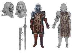Rule 34 | absurdres, ambiguous gender, anklet, armor, back, belt, belt pouch, boots, bracelet, brown footwear, brown gloves, causs, chainmail, character sheet, fantasy, gloves, grey background, grey hair, highres, jewelry, knight, looking at viewer, mask, multiple views, original, pauldrons, pouch, profile, scabbard, sheath, shoulder armor, simple background, standing, sword, weapon