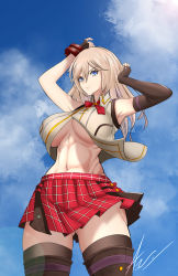 Rule 34 | 1girl, abs, absurdres, alisa ilinichina amiella, allanel, armpits, arms up, asymmetrical gloves, bare shoulders, black footwear, black gloves, black thighhighs, blue eyes, blue sky, boots, bracer, breasts, closed mouth, cloud, collared shirt, commentary, cowboy shot, day, elbow gloves, english commentary, fingerless gloves, gloves, gluteal fold, god eater, god eater 2: rage burst, hair between eyes, highres, large breasts, long hair, looking at viewer, navel, neckerchief, partially unbuttoned, plaid, plaid skirt, red neckerchief, red skirt, shirt, sidelocks, signature, silver hair, single elbow glove, skindentation, skirt, sky, sleeveless, sleeveless shirt, smile, solo, standing, stomach, thigh boots, thighhighs, underboob, uneven gloves, white shirt, wind, wind lift, zettai ryouiki