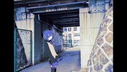 Rule 34 | 1girl, beret, black hat, black shirt, black skirt, black thighhighs, bridge, brown vest, building, chain-link fence, city, closed mouth, day, expressionless, feet out of frame, fence, graffiti, hat, highres, industrial pipe, jitome, kajuu (maimai maimaa), long sleeves, looking to the side, necktie, outdoors, photo background, pillarboxed, pleated skirt, purple eyes, purple hair, purple necktie, rem (utau), robot ears, shibuya (tokyo), shirt, short hair, skirt, sleeves past fingers, sleeves past wrists, solo, standing, thighhighs, tokyo (city), utane uta, utau, vest, yoyogi