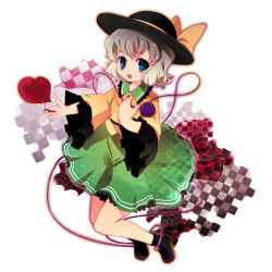 Rule 34 | 1girl, bad id, bad pixiv id, black footwear, black hat, blue eyes, boots, bow, chaba (hortensia), child, collared shirt, dress, eyeball, female focus, floral background, flower, frilled shirt collar, frilled sleeves, frills, full body, green skirt, grey hair, hat, hat bow, heart, komeiji koishi, looking at viewer, melting, open mouth, red flower, red rose, rose, rose background, shirt, short hair, skirt, solo, touhou, white background, wide sleeves, yellow bow, yellow shirt