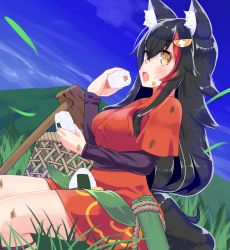 Rule 34 | 1girl, absurdres, animal ear fluff, animal ears, black hair, dirty, dirty clothes, dirty face, feet out of frame, flipped hair, food, food on face, hair ornament, hairclip, streaked hair, highres, holding, holding food, hololive, hujikok, japanese clothes, kimono, long hair, looking at viewer, multicolored hair, onigiri, ookami mio, open mouth, red hair, red kimono, rice, rice on face, short kimono, sitting, solo, tail, very long hair, virtual youtuber, wolf ears, wolf girl, wolf tail, yellow eyes