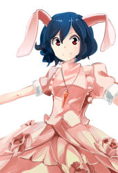 Rule 34 | 1girl, animal ears, aoi kujira, black hair, dress, embellished costume, inaba tewi, jewelry, necklace, outstretched arms, pink dress, rabbit ears, red eyes, short hair, smile, solo, touhou