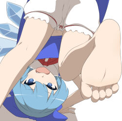 Rule 34 | 1girl, barefoot, bloomers, blue eyes, blue hair, bonobo (gma), cirno, fang, feet, foot focus, foreshortening, highres, looking at viewer, medium hair, navel, open mouth, soles, solo, toes, touhou, underwear, upside-down