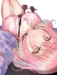 Rule 34 | 1girl, bare legs, between breasts, blue hair, blush, breasts, cleavage, fang, highres, idolmaster, idolmaster cinderella girls, jacket, knees up, large breasts, leather choker, looking at viewer, lying, multicolored hair, omisoshiru, on back, outstretched arms, pink hair, polka dot, polka dot jacket, short hair, simple background, solo, strap between breasts, two-tone hair, upside-down, wavy mouth, white background, yumemi riamu