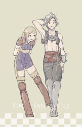 Rule 34 | 00s, 1boy, 1girl, abs, armor, arms behind back, birdtori, blonde hair, boots, bracer, final fantasy, final fantasy xii, greaves, jewelry, necklace, open mouth, penelo, vaan (ff12), vest, walking