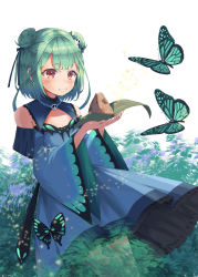 Rule 34 | 1girl, absurdres, black bow, blush, bow, breasts, bug, butterfly, cleavage cutout, clothing cutout, commentary request, detached collar, detached sleeves, food, green eyes, hair bow, hair ornament, highres, hololive, insect, leaf, long sleeves, medium breasts, natsuki (digretking), red eyes, skull hair ornament, solo, uruha rushia, uruha rushia (1st costume), virtual youtuber, wide sleeves