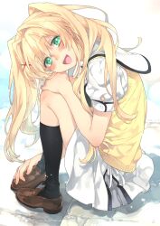 Rule 34 | 1girl, :d, black socks, blonde hair, blush, brown footwear, colored eyelashes, commentary, eyes visible through hair, full body, green eyes, hair between eyes, hair intakes, hair ornament, hair spread out, highres, hugging own legs, kneehighs, knees up, leaning forward, legs together, loafers, long hair, looking at viewer, miniskirt, non-web source, open mouth, puffy short sleeves, puffy sleeves, ribbon, sailor collar, shirt, shoes, short sleeves, simple background, sitting, sitting on stairs, skirt, smile, socks, solo, stairs, summer pockets, sweater vest, teeth, toujou sakana, tsumugi wenders, twintails, upper teeth only, white background, white ribbon, white sailor collar, white shirt, white skirt, x hair ornament, yellow sweater vest
