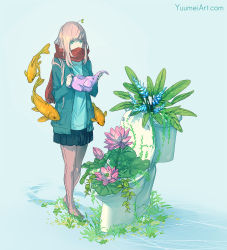 Rule 34 | 1girl, blue background, blue eyes, commentary, english commentary, facing viewer, flower, jacket, koi, long hair, lotus, open clothes, open jacket, original, overgrown, pantyhose, pink hair, plant, pleated skirt, red scarf, scarf, simple background, skirt, solo, sprout on head, toilet, walking, watering can, watermark, web address, yuumei
