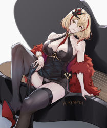 Rule 34 | 1girl, azur lane, blonde hair, clothes lift, dress, feather boa, grand piano, halter dress, halterneck, headgear, highres, instrument, lifting own clothes, multicolored hair, piano, roon (azur lane), roon (viridescent lullaby) (azur lane), shoe dangle, skirt, skirt lift, streaked hair, thighhighs, tight clothes, tight dress, underwear, yukimpoi