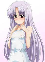 Rule 34 | 1girl, azmaria hendric, blush, breasts, chrno crusade, covered erect nipples, highres, long hair, one-piece swimsuit, purple hair, red eyes, school swimsuit, small breasts, solo, sugimura tomokazu, swimsuit, white school swimsuit, white one-piece swimsuit