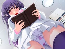 Rule 34 | 1girl, black thighhighs, blush, book, breasts, ceiling, ceiling light, from below, fuji sayaka, game cg, grey panties, hair ornament, hair ribbon, hairclip, holding, jacket, large breasts, long hair, long sleeves, necktie, object insertion, panties, pink shirt, purple hair, reading, red eyes, red necktie, ribbon, school uniform, sex toy, shirt, sign, skirt, solo, suzuki mika (artist), tears, thighhighs, twintails, underwear, upskirt, vaginal, vaginal object insertion, white jacket, white ribbon, white skirt, zettai bishoujo kaizou club