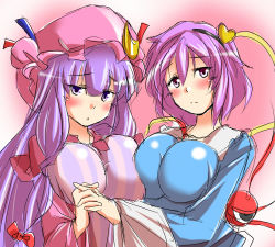 Rule 34 | 2girls, bad id, bad pixiv id, blue shirt, blush, breast press, breasts, closed mouth, female focus, hair ornament, holding hands, heart, heart hair ornament, impossible clothes, impossible shirt, komeiji satori, large breasts, looking at viewer, multiple girls, patchouli knowledge, pink eyes, pink hair, purple eyes, purple hair, shirt, sketch, symmetrical docking, taut clothes, taut shirt, touhou, yamane akira