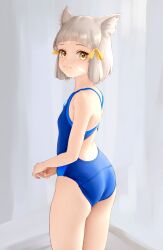 Rule 34 | 1girl, absurdres, animal ear fluff, animal ears, ass, backless swimsuit, bare arms, bare shoulders, blue one-piece swimsuit, brown eyes, closed mouth, commentary, eilier project, english commentary, grey hair, hair ribbon, highres, looking at viewer, looking to the side, nia (xenoblade), one-piece swimsuit, ribbon, smile, solo, standing, swimsuit, thick eyebrows, xenoblade chronicles (series), xenoblade chronicles 2, yellow ribbon