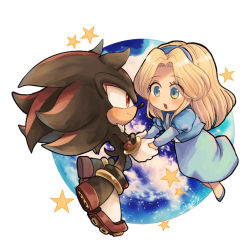 Rule 34 | 1boy, 1girl, :d, animal nose, blonde hair, blue dress, blue eyes, blue footwear, blue hairband, blush, chibi, closed mouth, dress, eye contact, floating, full body, furry, furry male, gloves, hairband, holding hands, happy, long hair, long sleeves, looking at another, maria robotnik, open mouth, planet, puffy sleeves, red eyes, shadow the hedgehog, smile, sonic (series), star (symbol), tondamanuke, white gloves